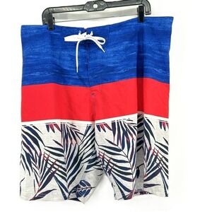 Old Navy California Mens Board Shorts Size 38 Tropical Palm Colorblock Blue Red